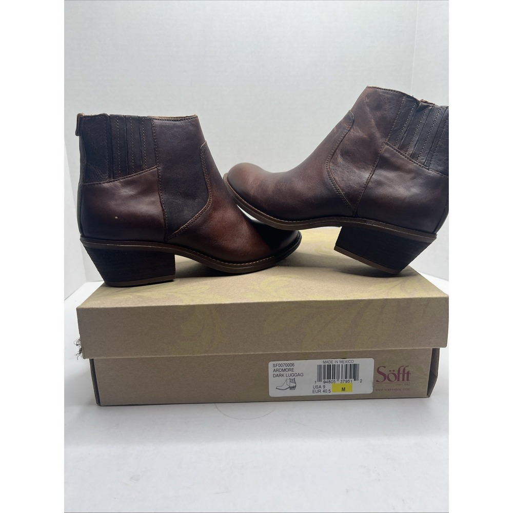Sofft Ardmore Women’s 9 M Dark Luggage Brown Leather Heeled Ankle Booties NIB